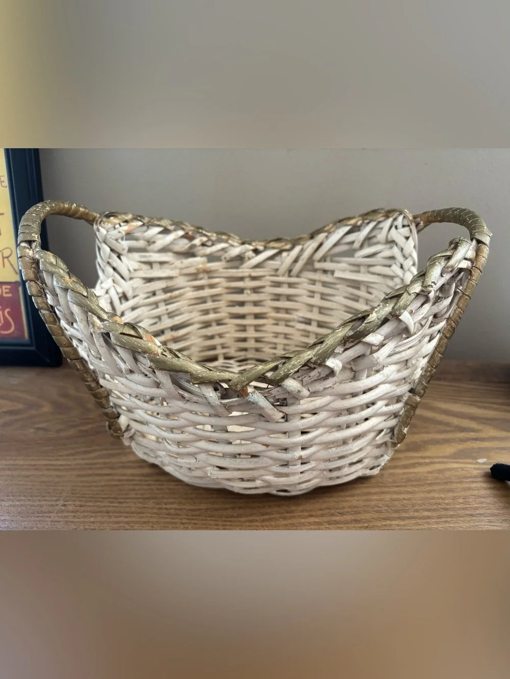 Vintage Handwoven Oval White Basket Gold Trim 12”x9”